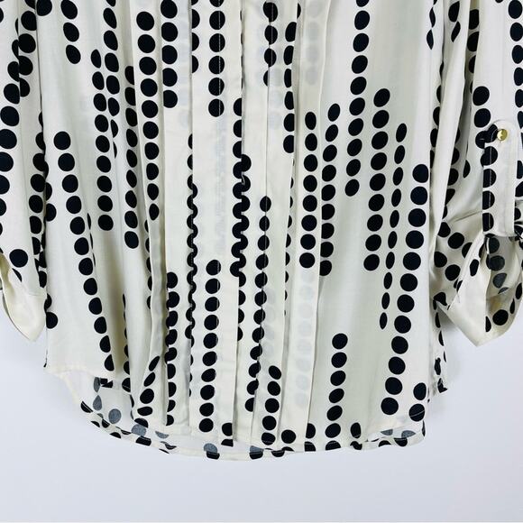 ANA cream black polka dot pleated preppy office button front blouse top medium - Picture 3 of 7